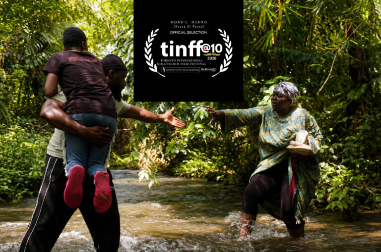 Family crossing a forest stream